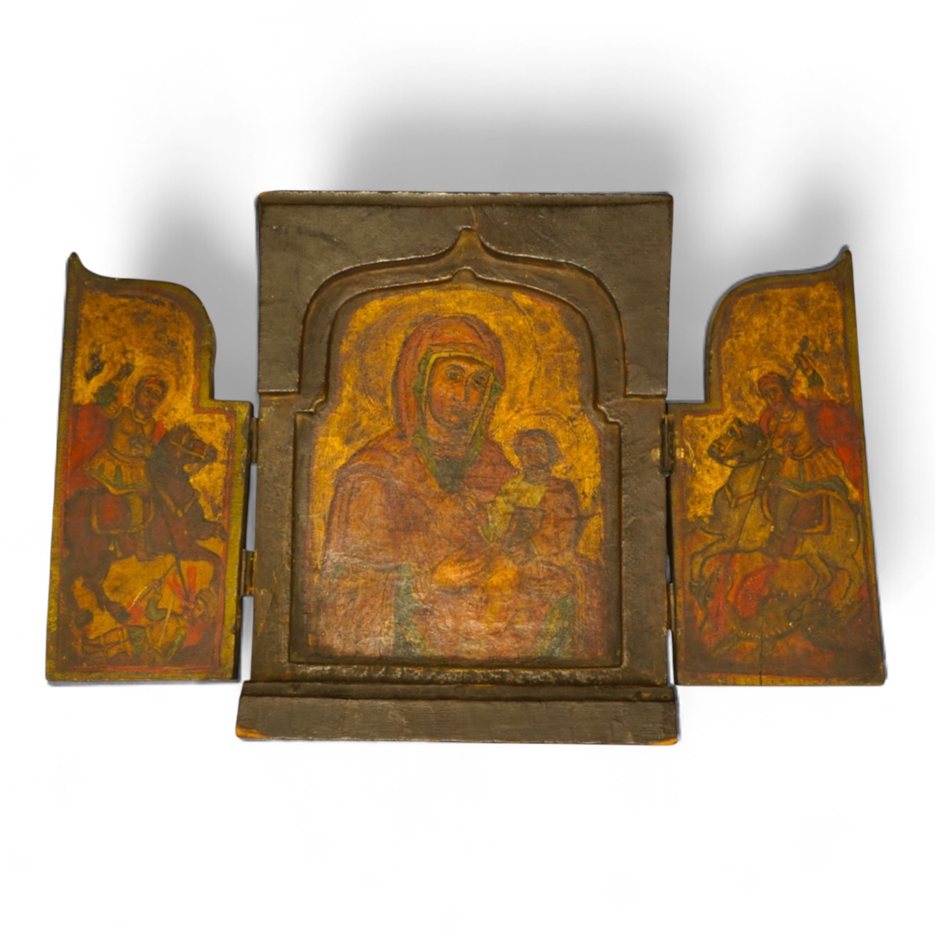 A painted wood triptych icon, 26cm high